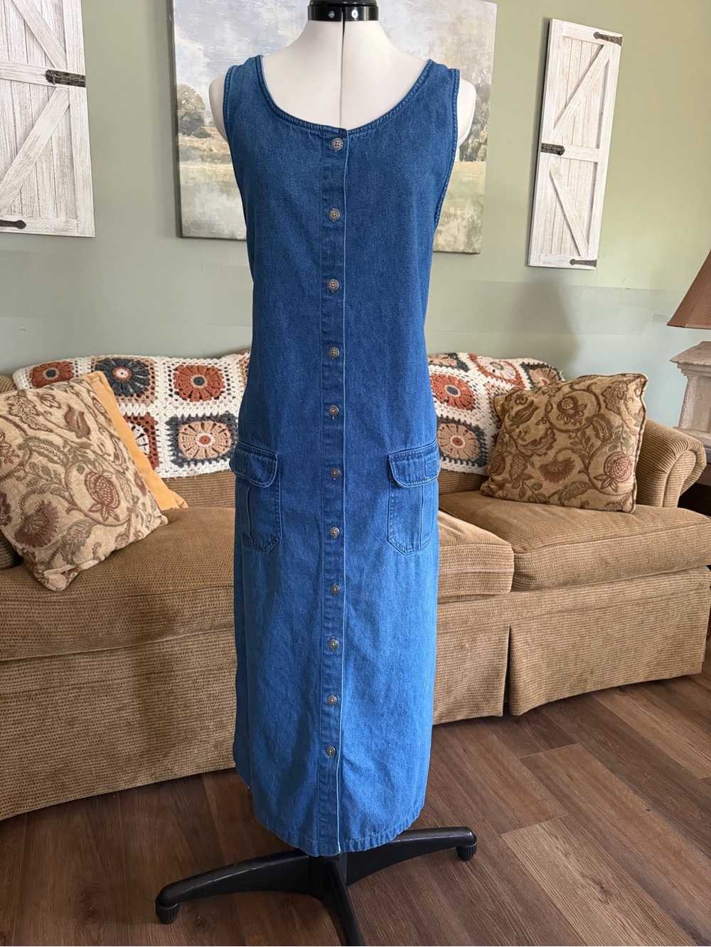 Vintage 90s Blue J Denim Maxi Dress L Button Front Utility Pockets Grunge